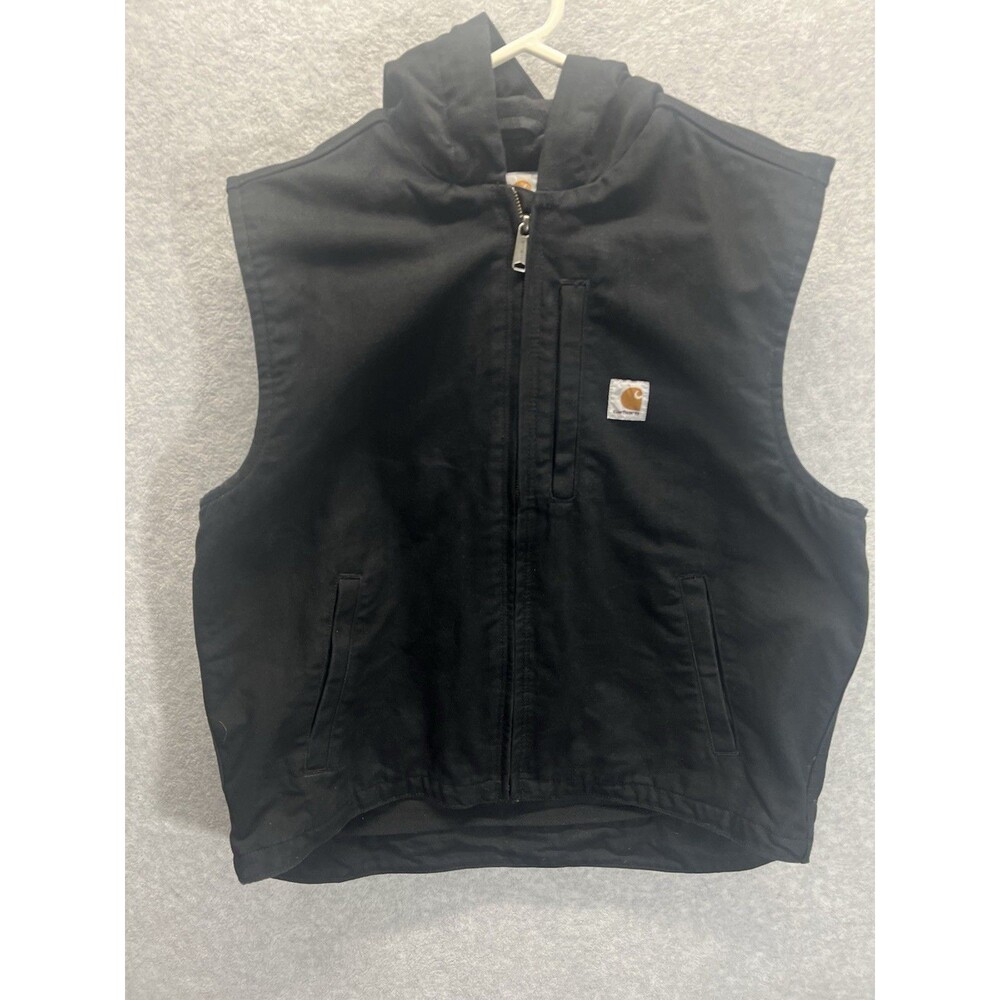 Carhartt Vest Mens Large Black Washed Duck Canvas Hooded Fleece Zip 103837 BLK